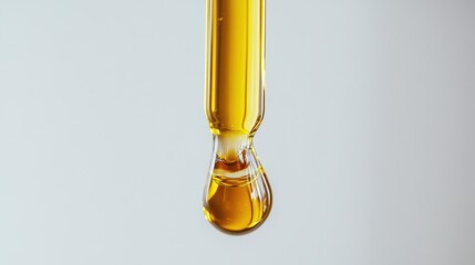 Golden Liquid Drop Hanging from Glass Pipette Close-Up Image