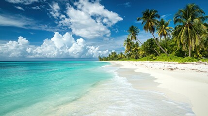 A tropical beach with white sand, turquoise water, and palm trees