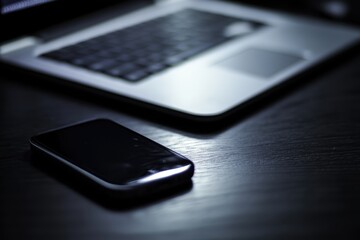 Close-Up View of Smartphone and Laptop on a Dark Wooden Table Night Scene