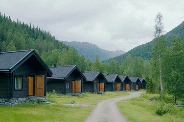Fototapeta premium Dark wooden cabins line a mountain valley road