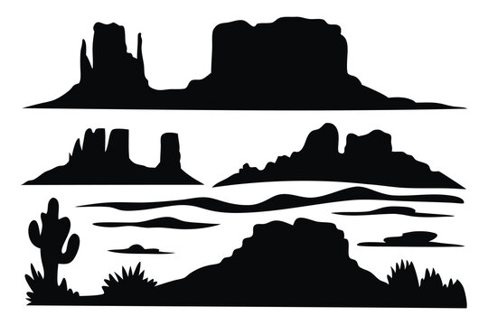 Black rock, hill and mountain silhouettes set isolated flat vector illustration on white background.