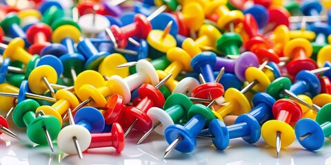 Colorful Push Pins Scattered on White Background - Business Office Pattern Stock Photo
