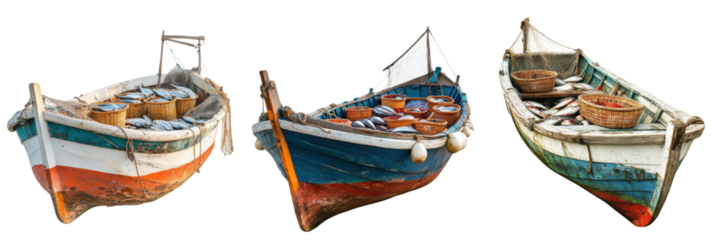 A Set of Wooden Fishing Boats Transporting Fresh Fish Isolated on Transparent Background