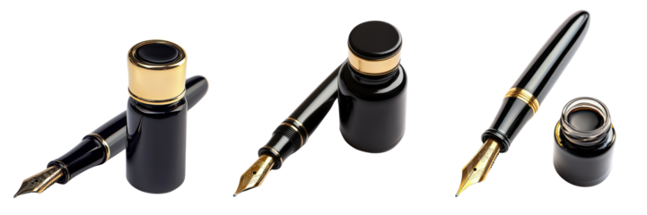 A Set of Stylish Fountain Pens with Elegant Ink Bottle for Classic Art Isolated on Transparent Background