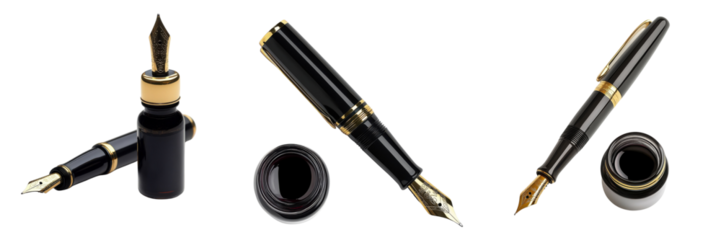 A Set of Classic Fountain Pens with Stylish Ink Bottle for Professional Writing Isolated on Transparent Background
