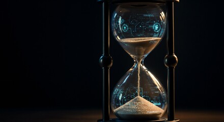 Futuristic Hourglass Hologram in Teal and Black Representing Time