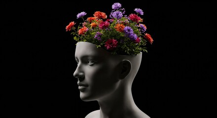 Head Planter Flowers with Inner Beauty and Growth against Black Background