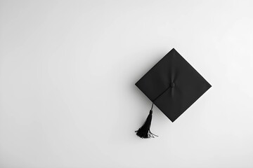 A high-angle, full shot of a black graduation cap on a plain white background. 
