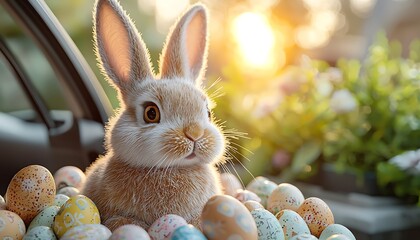 Bunny Easter Eggs Car Sunset