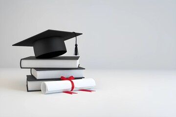 A graduation cap atop a stack of books with a diploma, representing academic success. 