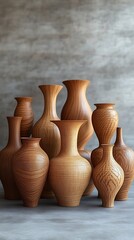 Wood Vases Grouped on Gray Surface