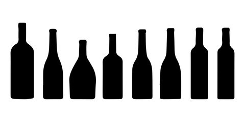 Set of bottles with alcohol. Black silhouette of a vessel for various types of drinks. Black illustration on transparent background
