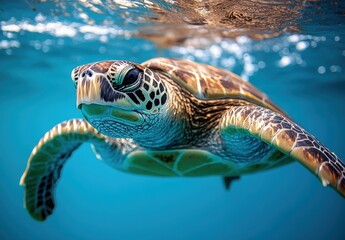 Fototapeta premium Graceful Sea Turtle Swimming in Clear Blue Ocean Water with Sunshine Creating Beautiful Reflections and Serenity in Underwater Environment