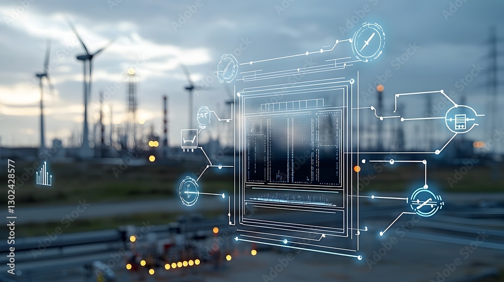 Aufkleber of a high tech power grid system showcasing the centralized control and connection of renewable energy sources with urban and industrial areas