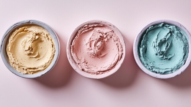 Natural clay masks lined up in pastel colors.