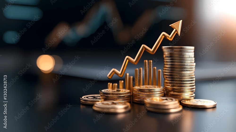 Aufkleber Futuristic digital finance concept featuring golden upward arrows rising 3D bar charts and stacked gold coins floating above a circular futuristic base