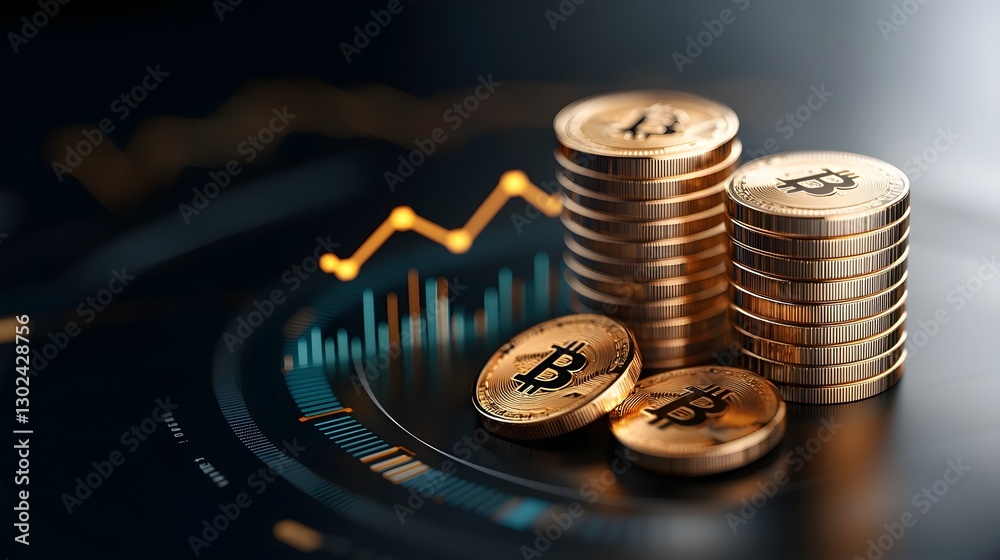 Aufkleber Glowing Digital Finance Concept Featuring Golden Upward Arrows Rising 3D Bar Charts and Stacked Gold Coins Floating Above a Circular Futuristic Base on a Clean Black Background