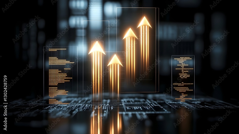 Aufkleber Futuristic business intelligence display showcasing glowing 3D financial charts rising data analytics and a technology driven interface symbolizing financial success and wealth expansion