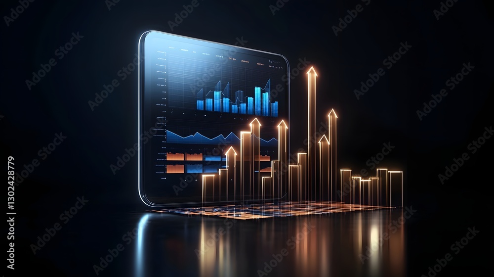 Aufkleber sleek futuristic financial analytics interface with floating digital charts and neon arrows highligh