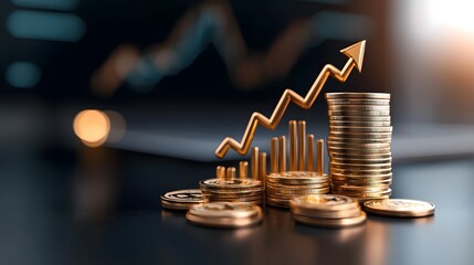 Futuristic digital finance concept featuring golden upward arrows rising 3D bar charts and stacked gold coins floating above a circular futuristic base