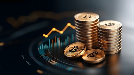 Glowing Digital Finance Concept Featuring Golden Upward Arrows Rising 3D Bar Charts and Stacked Gold Coins Floating Above a Circular Futuristic Base on a Clean Black Background