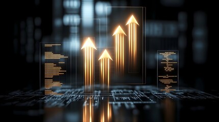 Futuristic business intelligence display showcasing glowing 3D financial charts rising data analytics and a technology driven interface symbolizing financial success and wealth expansion