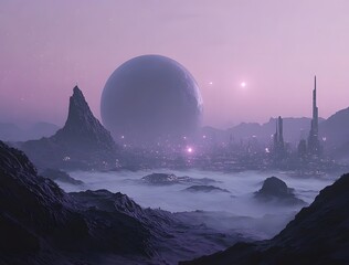 Obraz premium Futuristic Cityscape Beneath a Giant Planet and Mountains