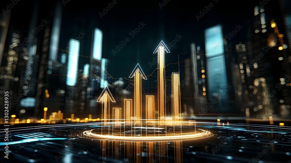 Aufkleber Futuristic business intelligence visualization showcasing floating glowing arrows interactive 3D financial charts and a cutting edge digital analytics platform