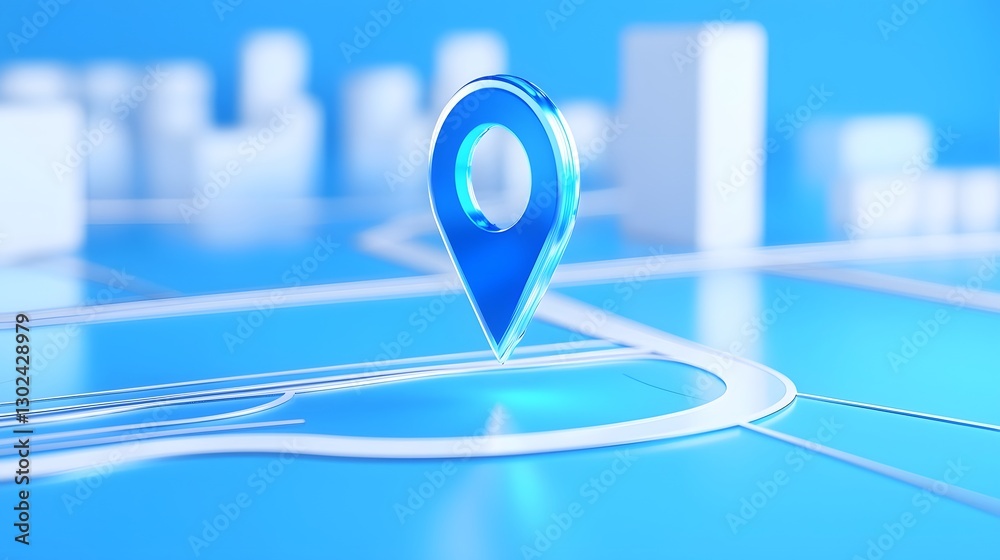 Poster Futuristic travel and navigation concept featuring a glowing blue location pin a detailed route design and a 3D destination marker  The modern GPS inspired interface highlights mapping