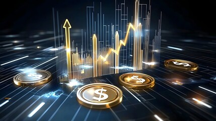Cutting Edge Financial Market Dashboard Featuring Glowing Investment Charts Trade Profit Indicators and a High Tech Economy Background