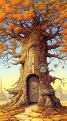 Colorful Tree with Door in Fantasy Landscape