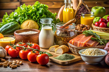 Diverse healthy food arrangement on wooden table; milk, vegetables, fruits, grains, nuts, and seeds.