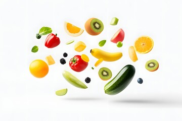 Naklejka premium Fresh fruits and vegetables in air on white background