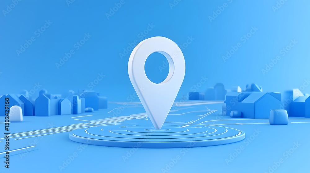 Poster Glowing 3D location pin symbol on a futuristic blue map background representing the concepts of digital connectivity  This image could be used to depict technologies like GPS mobile apps