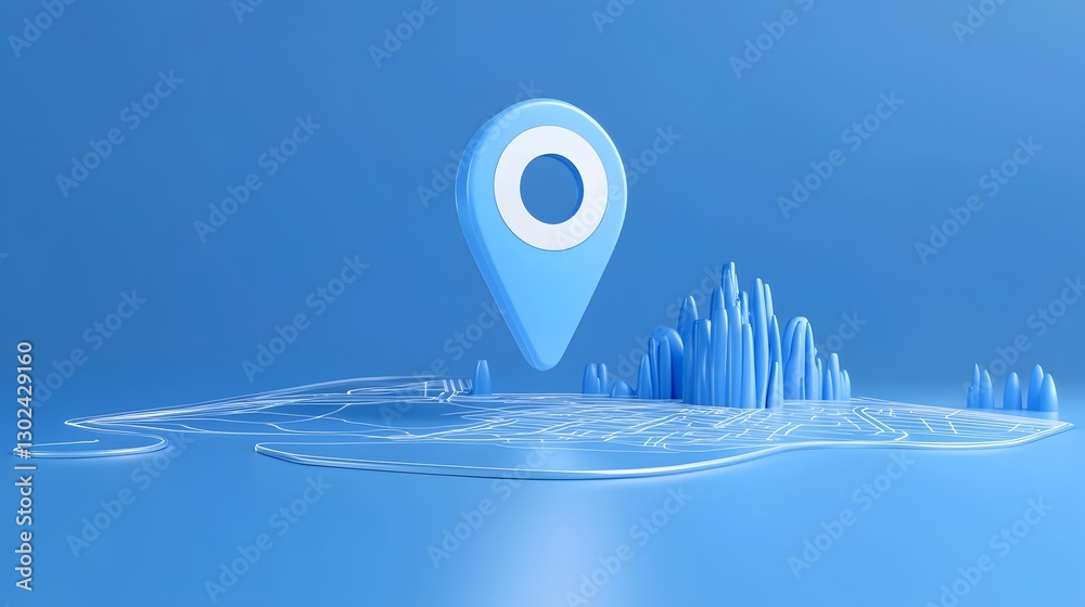 Poster A 3D rendered image of a glowing location pin icon on a futuristic blue map background symbolizing concepts of digital wayfinding technology