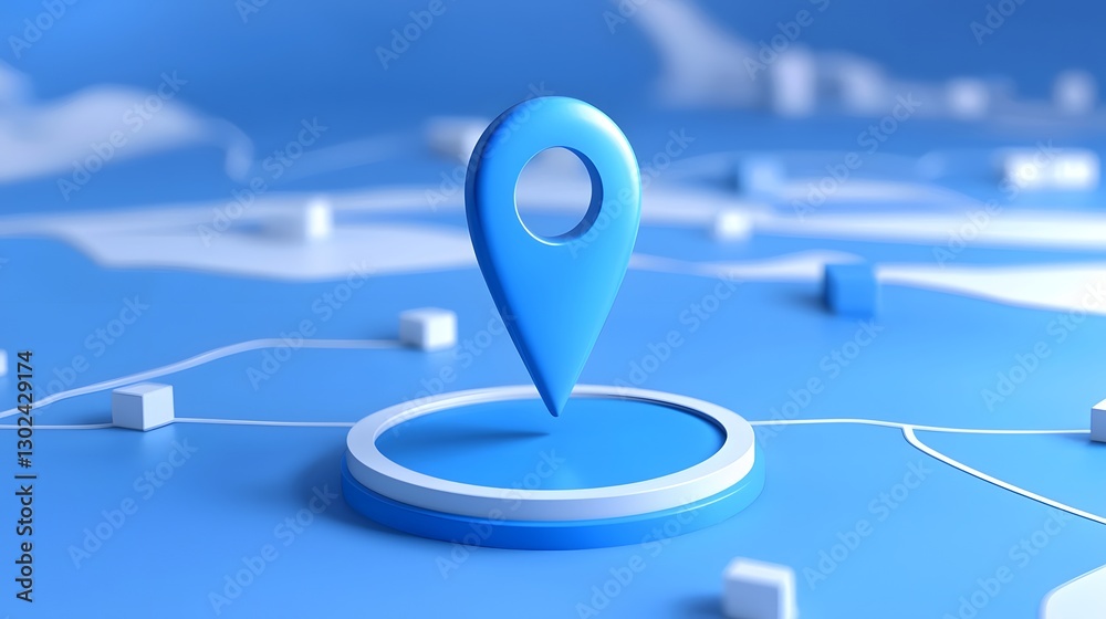 Poster Bright blue 3D location pin standing on a dynamic futuristic map interface glowing and highlighting a specific position or place representing the concepts of search direction navigation