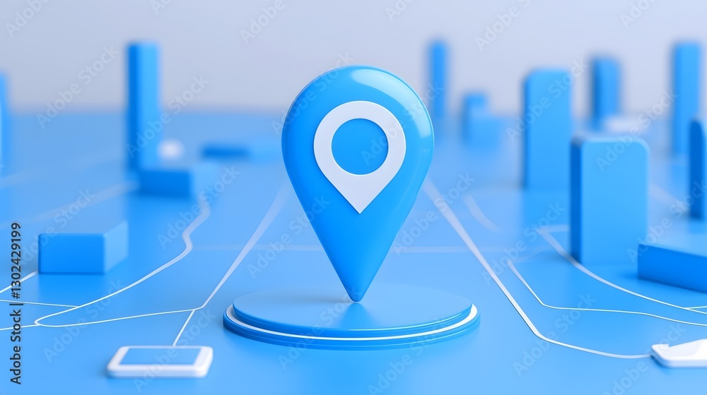 Poster 3D location pin icon standing on a dynamic modern map interface glowing in bright blue tones and representing search direction and navigation concepts  Digital technology GPS