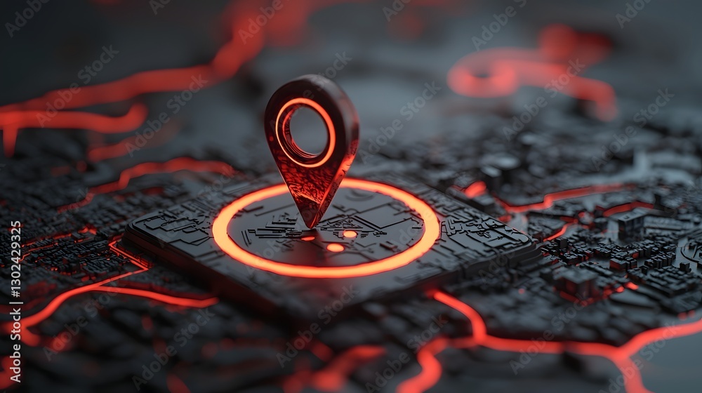 Poster Detailed 3D rendered virtual GPS location pin or marker icon casting a dynamic shadow over a digital city map interface enhanced with glowing search and data visualization elements
