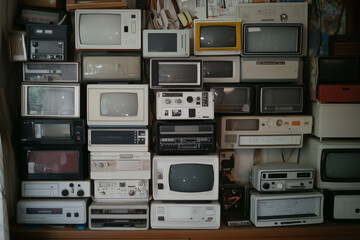 Obraz premium vintage electronics collection with retro televisions and radios