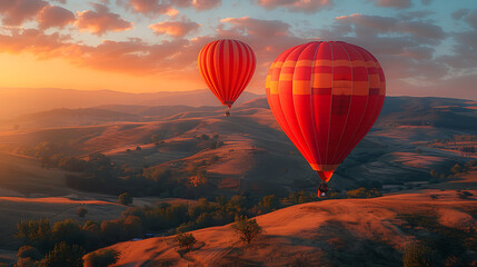 Obraz premium Aerial view of vibrant hot air balloons soaring over rolling hills during a picturesque sunset