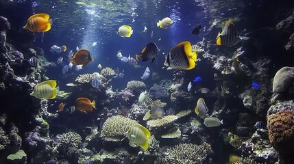 Vibrant Coral Reef with Colorful Fish Swimming Underwater