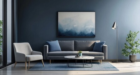 Modern living room with blue sofa, armchair, and artwork.