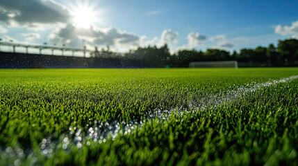 Vibrant Soccer Field Under Sunlight with Morning Dew Droplets