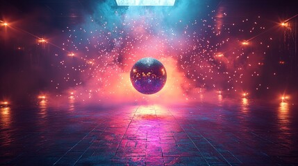 Disco ball in vibrant neon light and smoke.