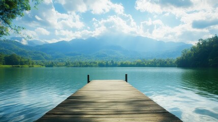 Fototapeta premium Serene Lake View with Wooden Dock and Majestic Mountain Landscape
