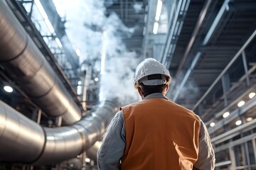 Fototapeta premium A worker wearing a yellow hard hat and safety vest
