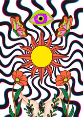 A psychedelic background with floral decorations and hands cupped in supplication—all of these are manifestations of God's power.