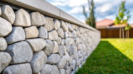 Construction Glass Aggregates Concept, Decorative Concrete Retaining Wall Featuring Aggregate Stones in Modern Landscape Design