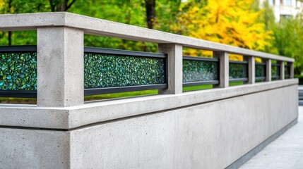 Fototapeta premium Construction Glass Aggregates Concept, Modern Concrete Retaining Wall Featuring Decorative Glass Aggregate in Lush Green Landscape