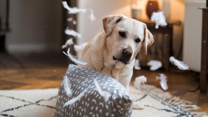 The Labrador Retriever shakes the pillow back and forth. There are feathers flying everywhere. The action takes place in a cozy room. The background is blurred.